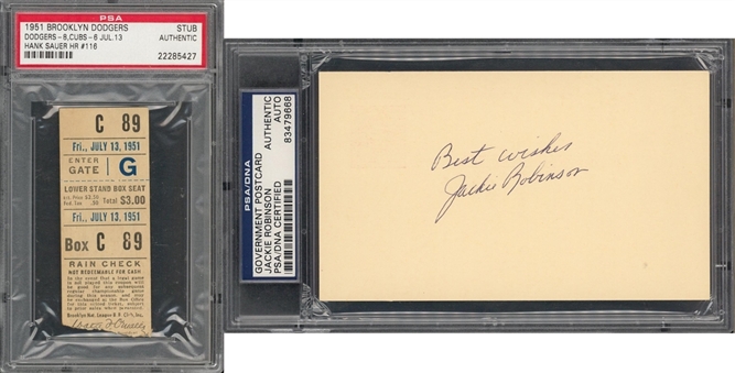 Jackie Robinson Signed Government Postcard With 1951 Brooklyn Dodgers Ticket Stub (PSA/DNA)